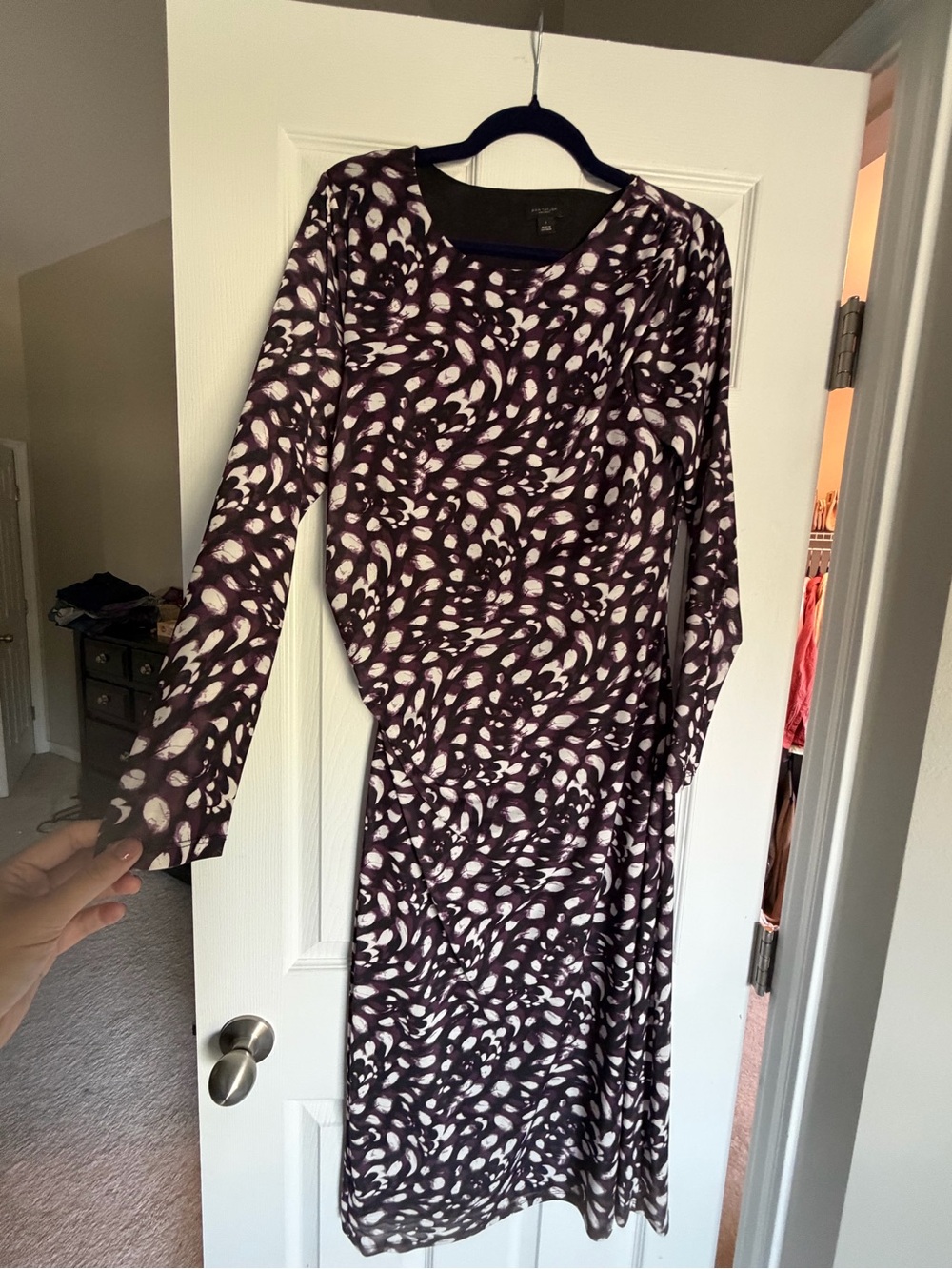 Long Sleeve Women's Printed Midi Dress in Plum, Black and Cream
